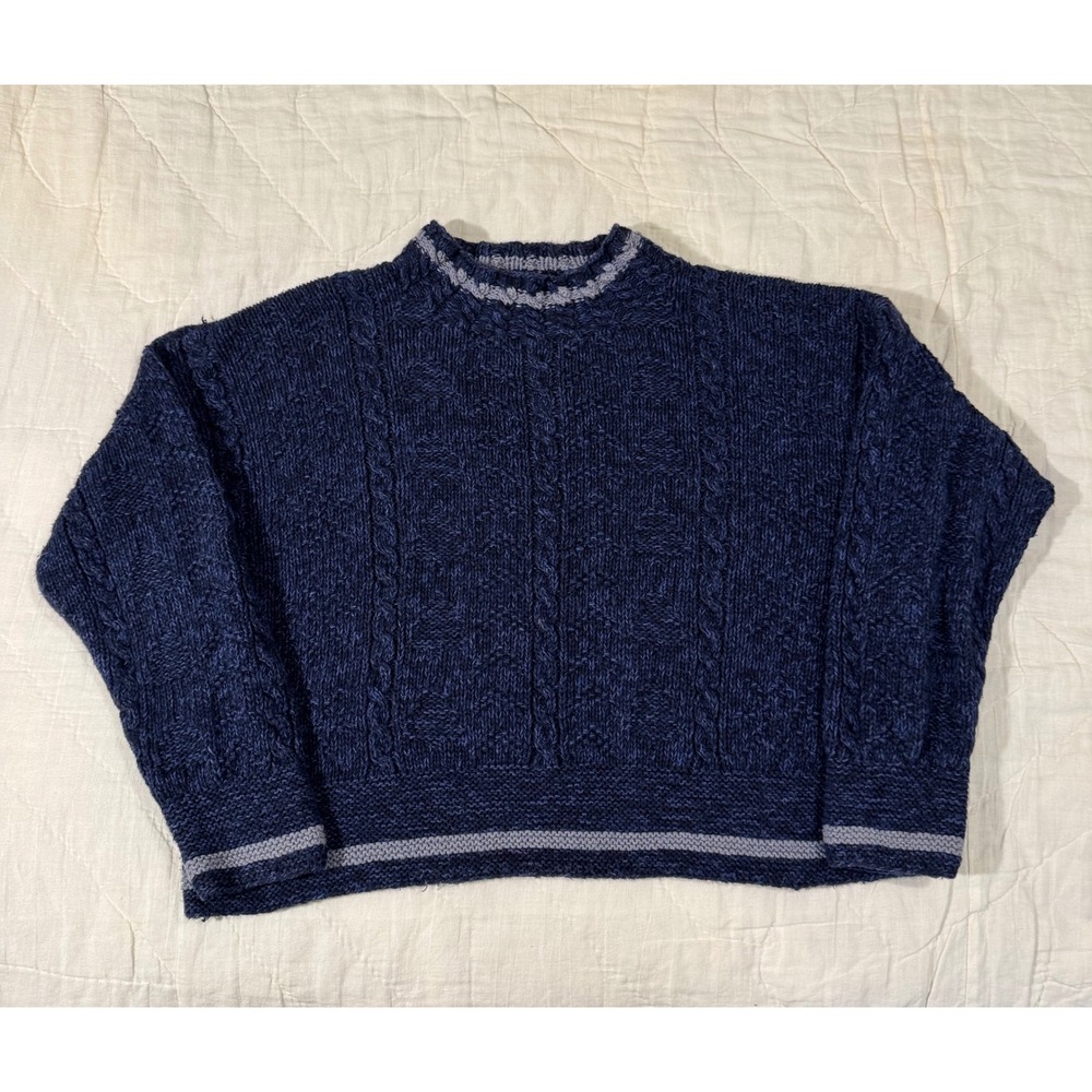 The Eagles Eye Vintage 1994 Hand Knit Cable Sweater Navy Blue Ramie Cotton M